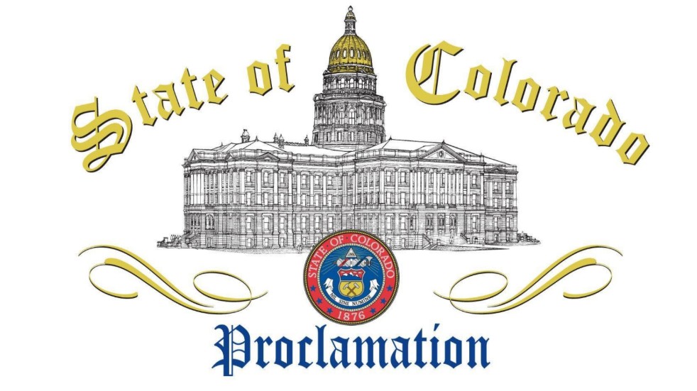 Drawing of the state capital with the words State of Colorado Proclamation.