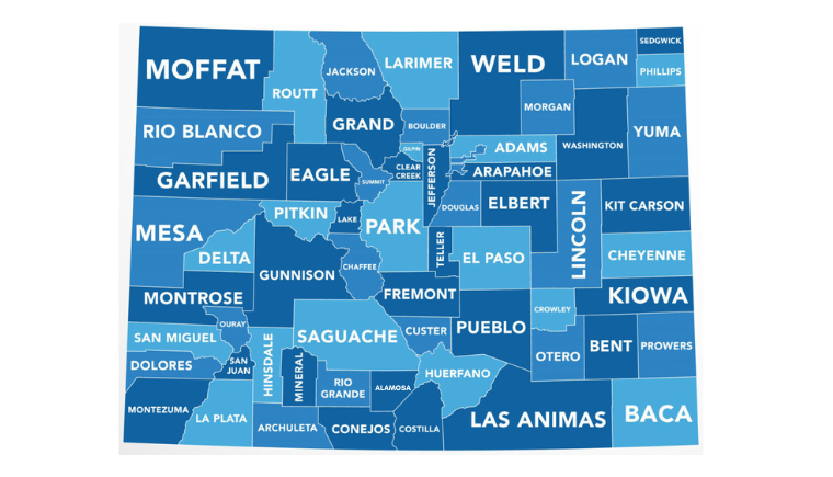 A map of Colorado shows all 64 counties.