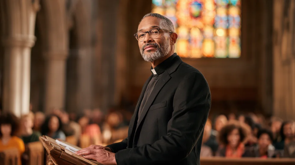 A minister standing at a lectern in front of a congregation