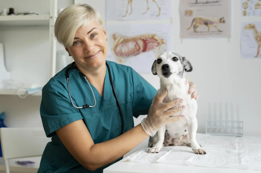 A veterinarian in scrubs holding a small dog on an examination table