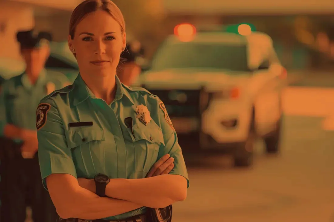 A police officer standing on a street with her arms crossed